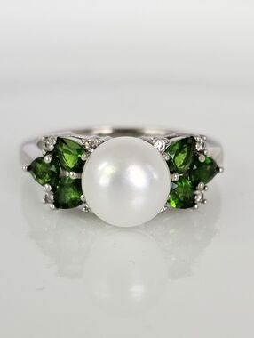 Genuine Cultured Pearl & Chrome Diopside Ring Sterling Silver Size 7!